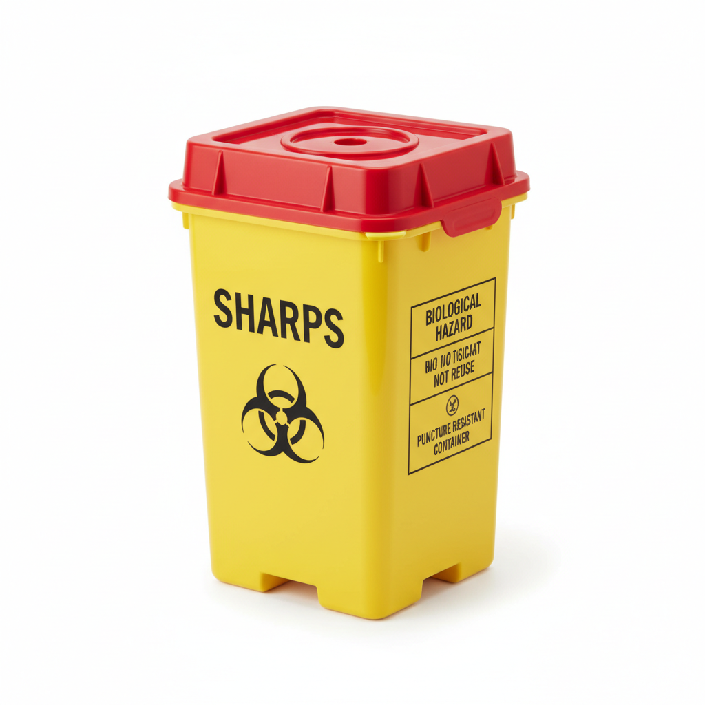 Yellow medical sharps disposal bin with red lid and biohazard label