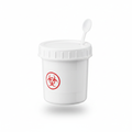 Stool sample collection container with integrated spoon and secure lid