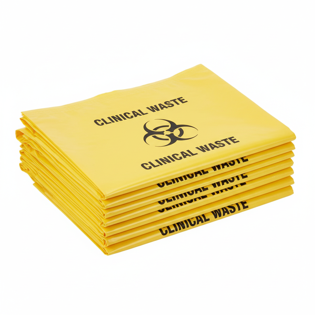 Yellow clinical waste disposal bags with biohazard symbol