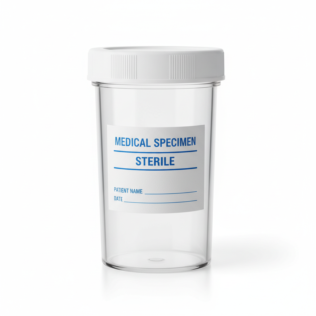Clear sterile urine sample collection pot with white screw lid