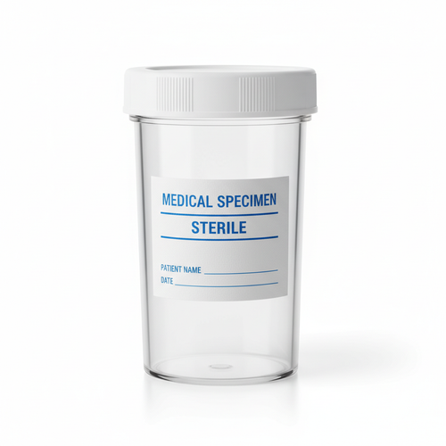 Clear sterile urine sample collection pot with white screw lid